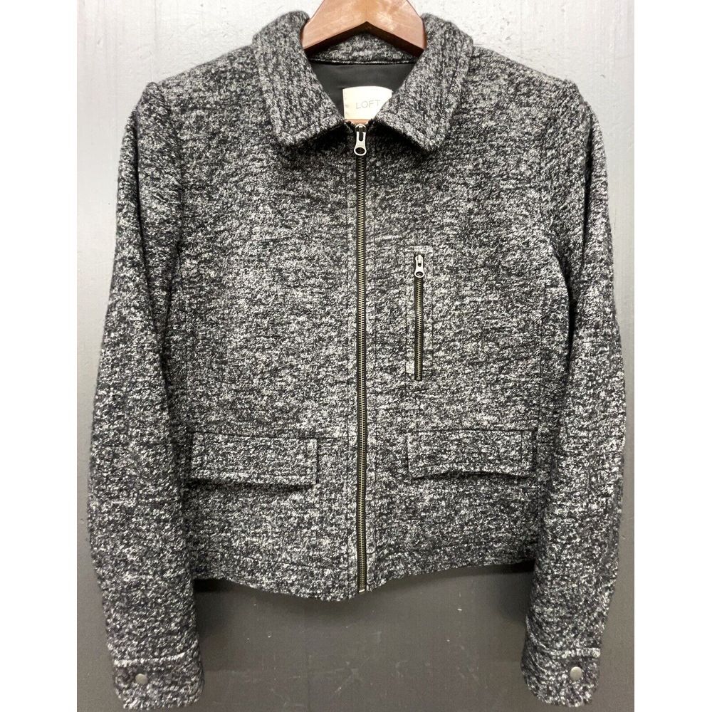 Ann Taylor Loft Wool Sweater L Black White Marled Full Zip Cropped Lined Jacket